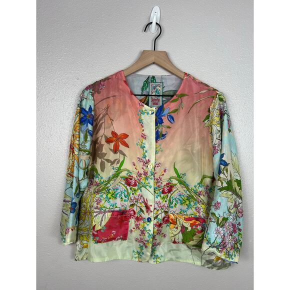 Johnny Was Silk Mizumi Floral Print Reversible Button up Top Multicolor XS - Picture 4 of 10